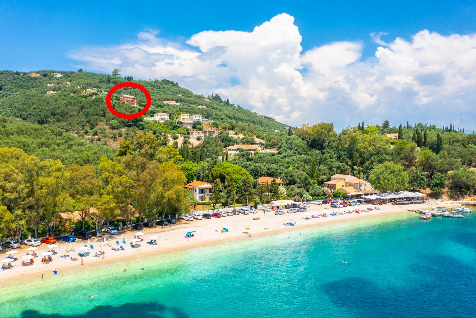 Aerial view of Kerasia beach showing location of Villa Vasso