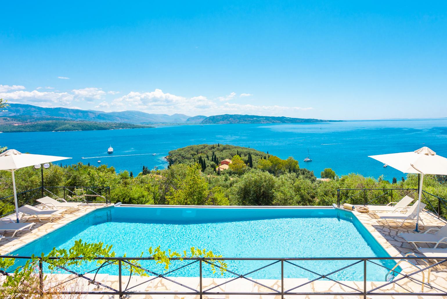 Private infinity pool, terraces, and gardens with panoramic sea views