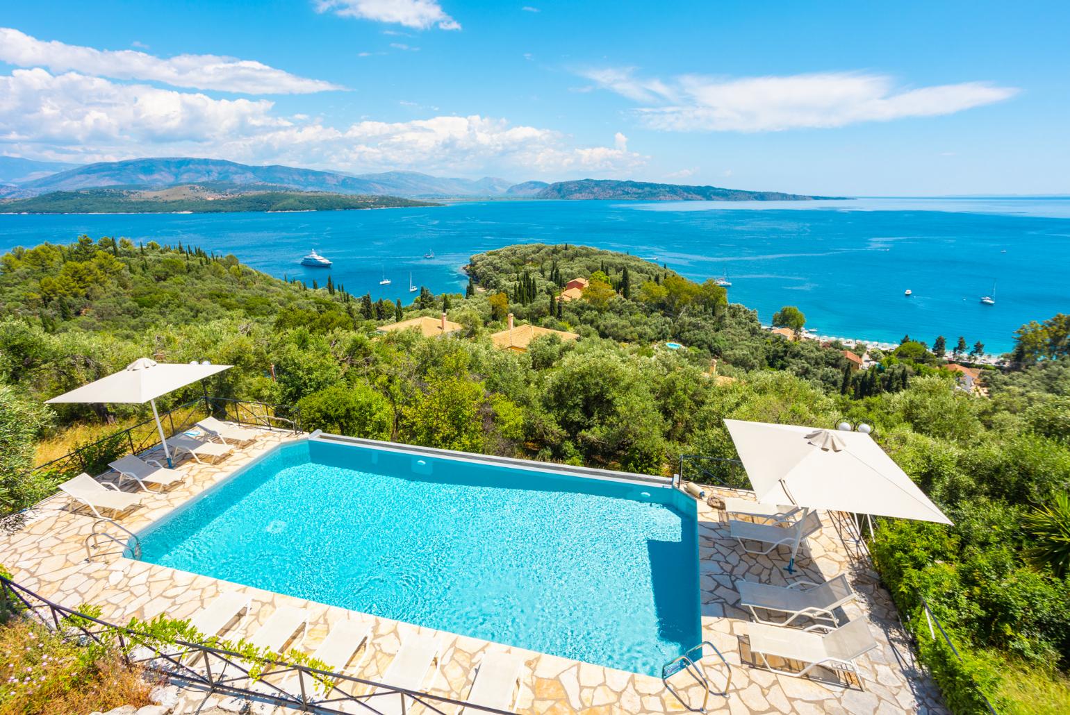 Private infinity pool, terraces, and gardens with panoramic sea views