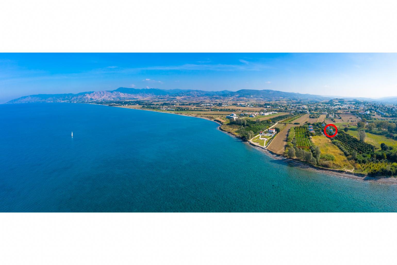 Aerial view showing location of Sun Beach Villa Tria