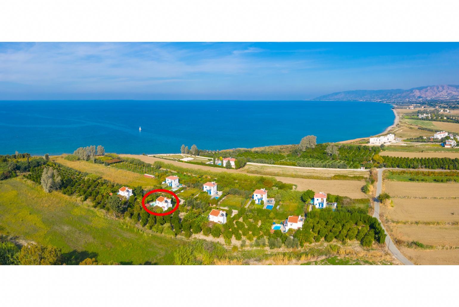 Aerial view showing location of Sun Beach Villa Tria