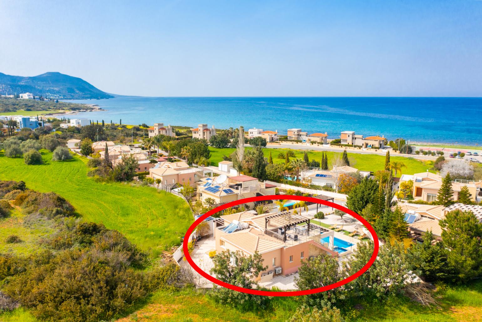 Aerial view showing location of Villa Thalassa