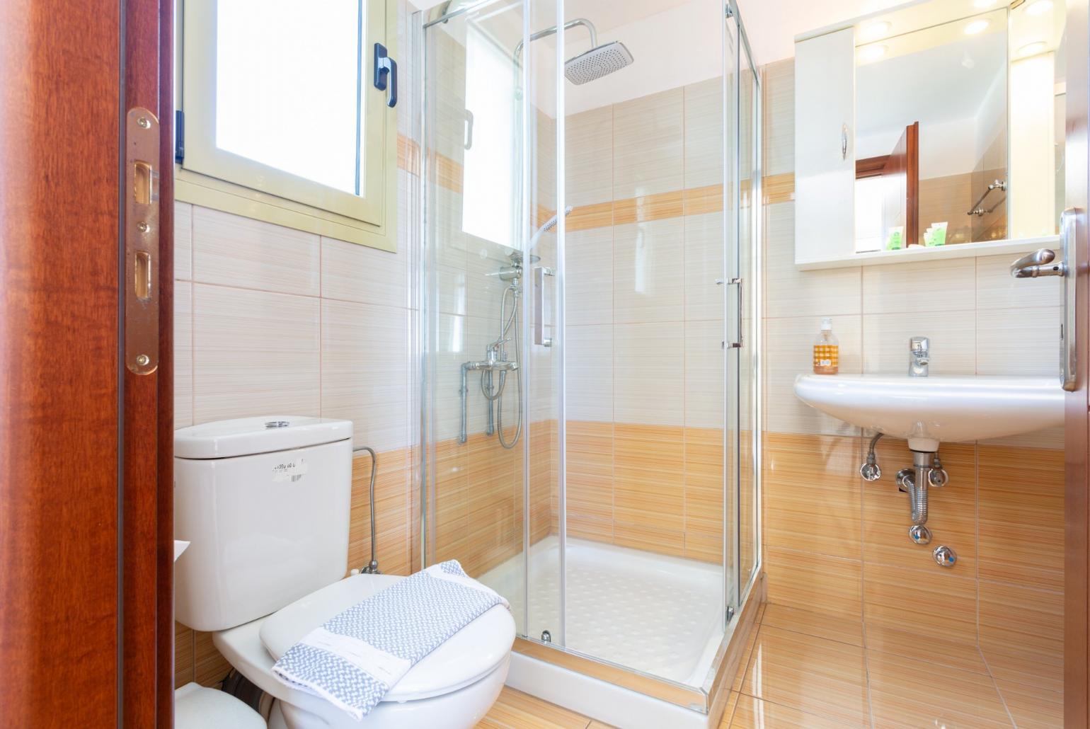 En suite bathroom with overhead shower