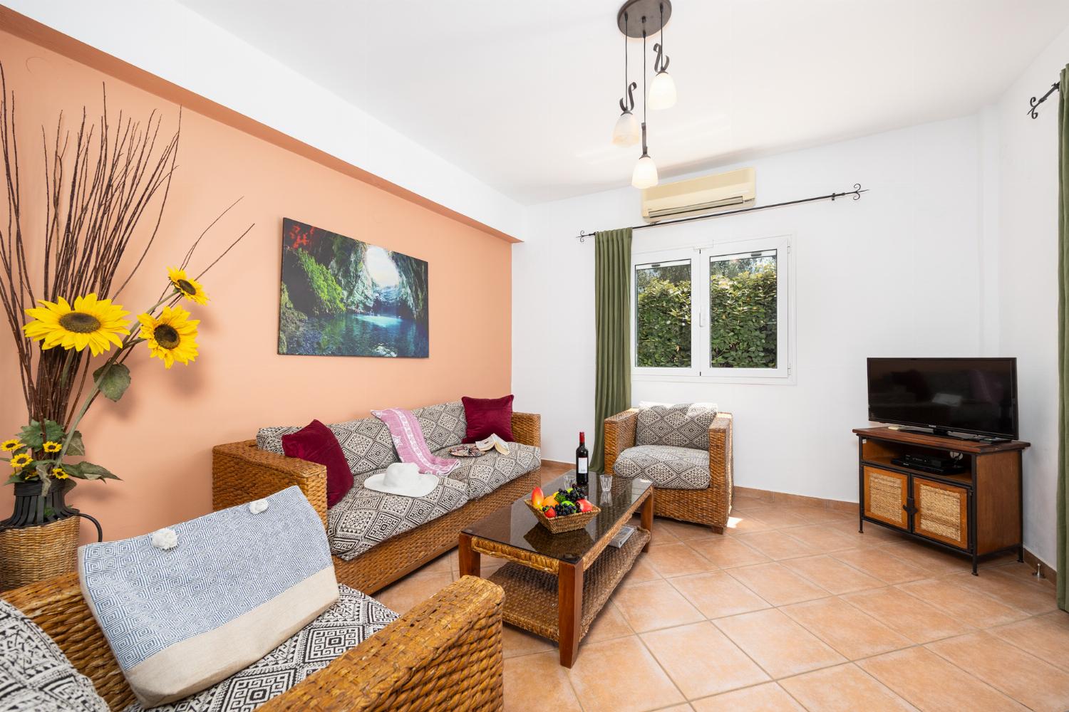 Open-plan living room with sofa, dining area, kitchen, ornamental fireplace, A/C, WiFi internet, and satellite TV