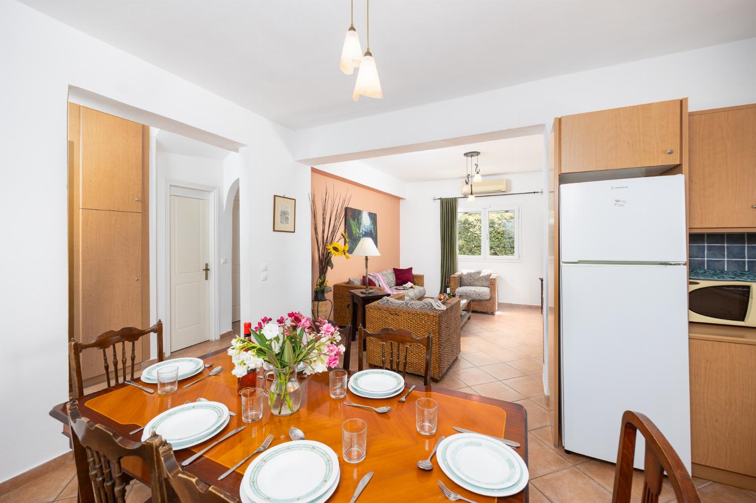 Open-plan living room with sofa, dining area, kitchen, ornamental fireplace, A/C, WiFi internet, and satellite TV