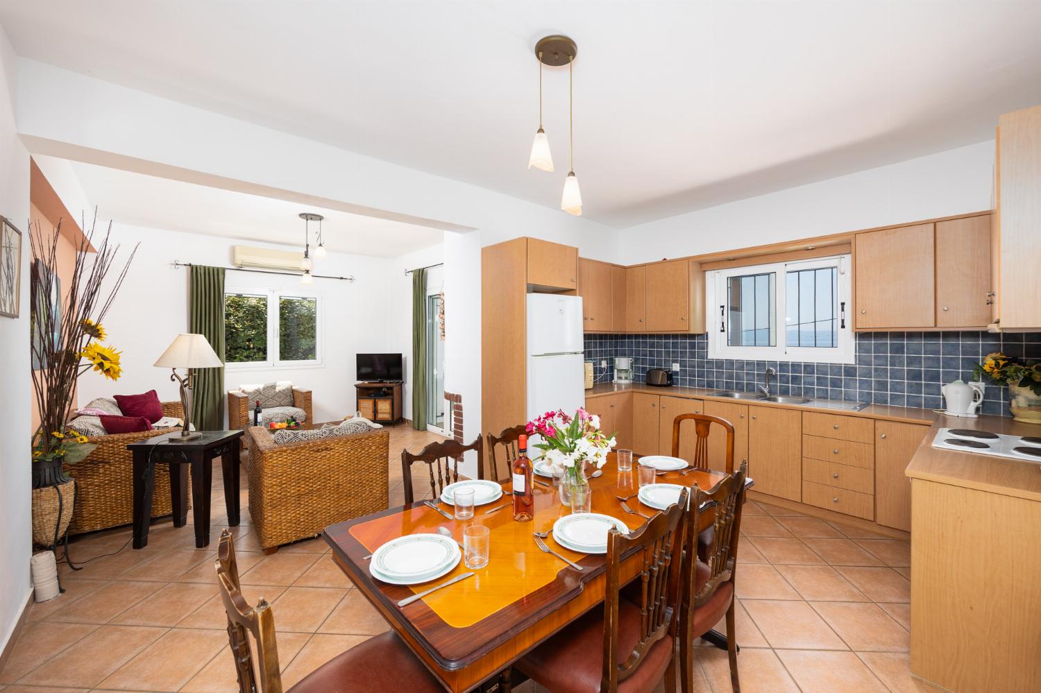 Open-plan living room with sofa, dining area, kitchen, ornamental fireplace, A/C, WiFi internet, and satellite TV