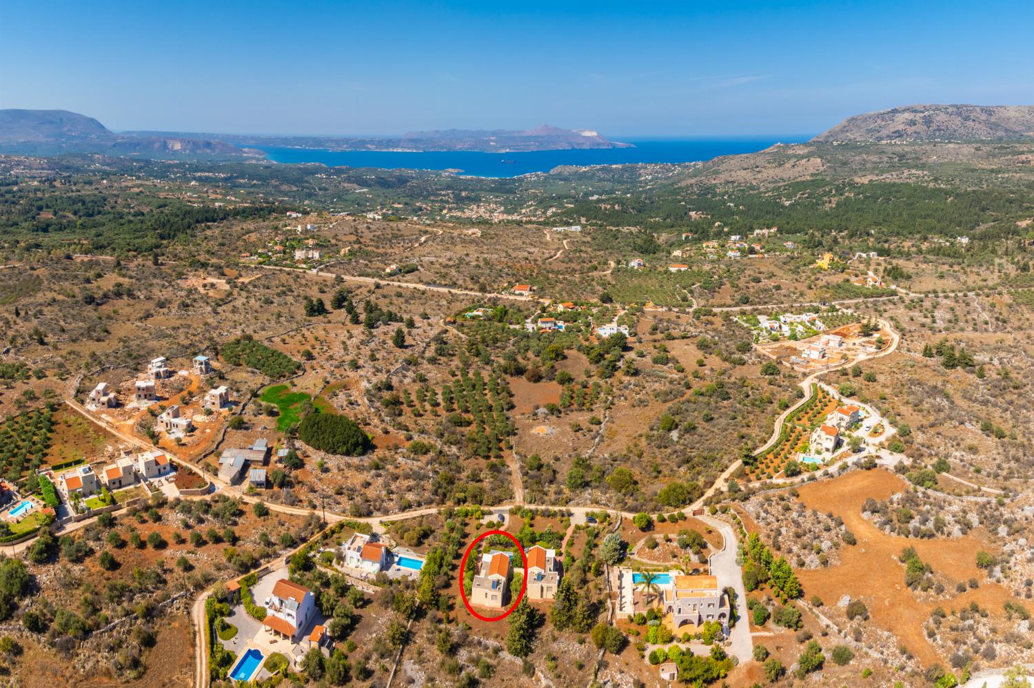 Aerial view showing location of Villa Arda