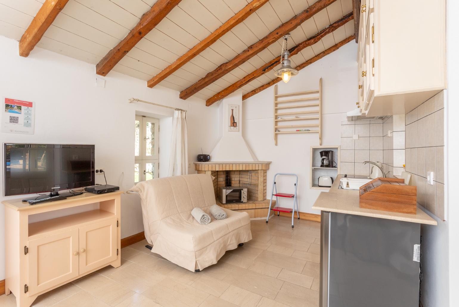 Living room with seating, kitchen, ornamental fireplace, A/C, WiFi internet, and satellite TV