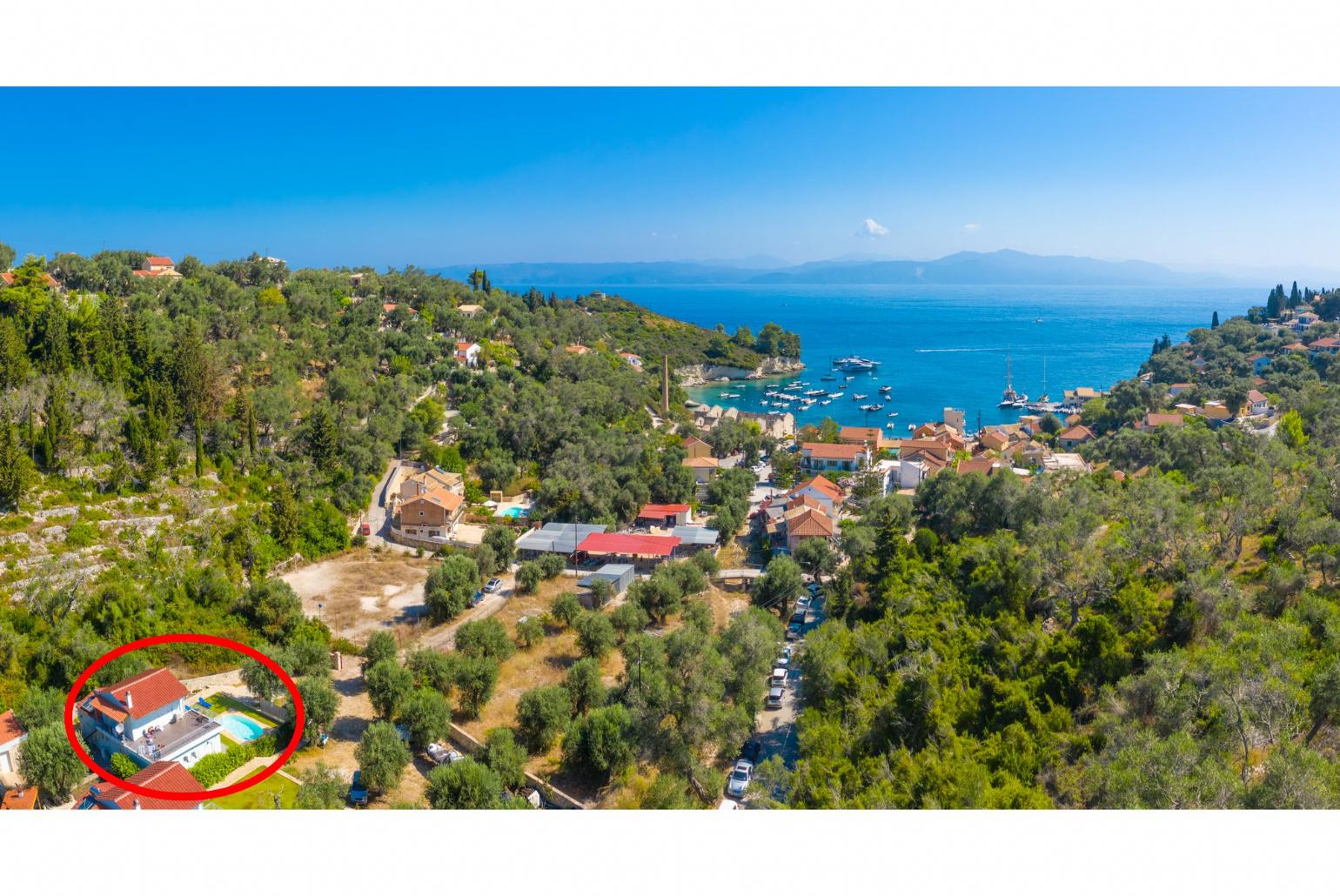 Aerial view showing location of Villa Mia