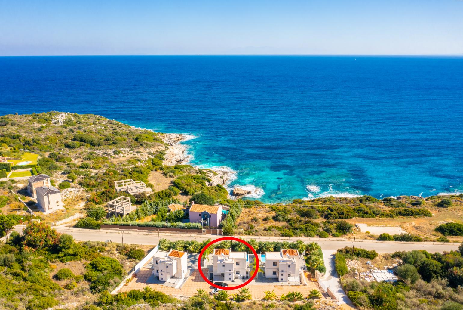 Aerial view showing location of Villa Starfish