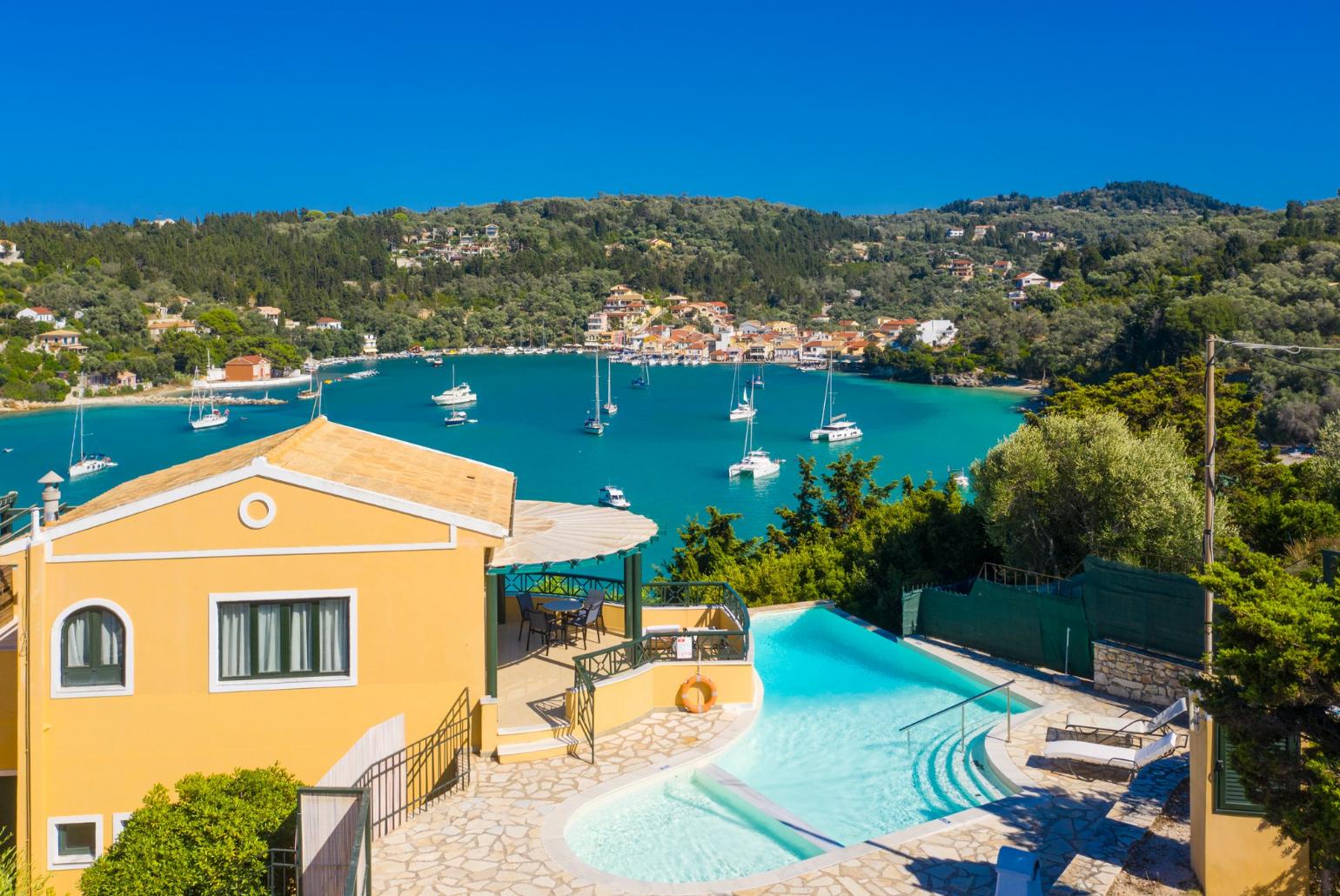 ,Aerial view of Thanasis with view towards Lakka