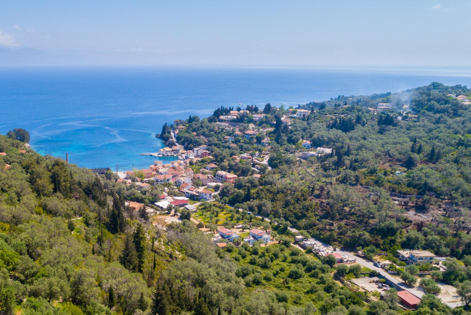 Aerial view over Villa Francesca with view towards Loggos