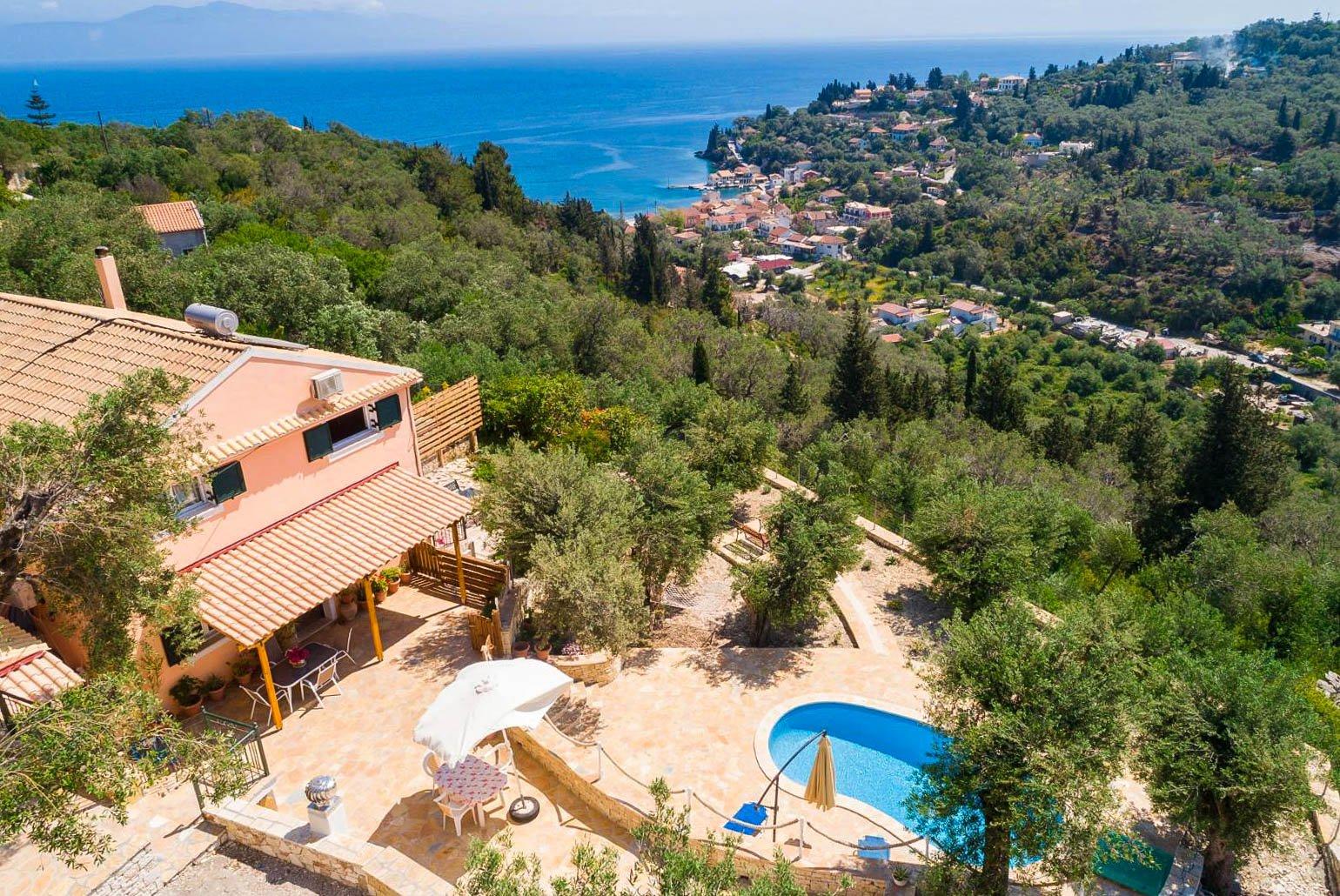 Aerial view of Villa Francesca with view towards Loggos