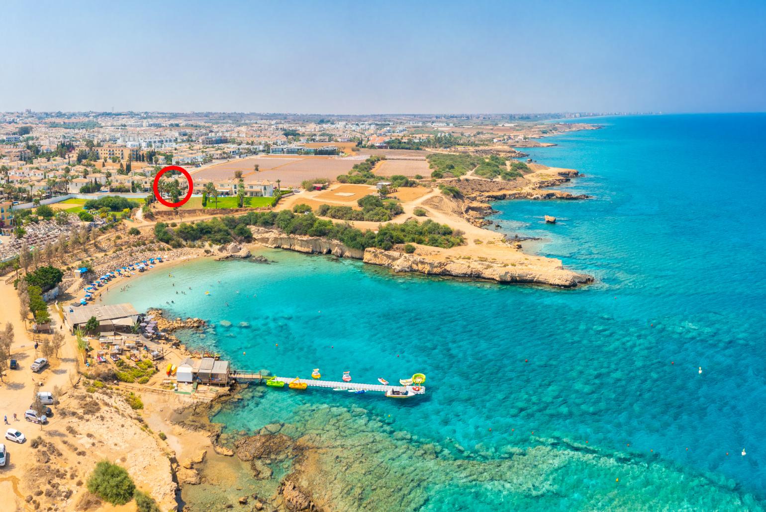 Aerial view showing location of Villa Elysia