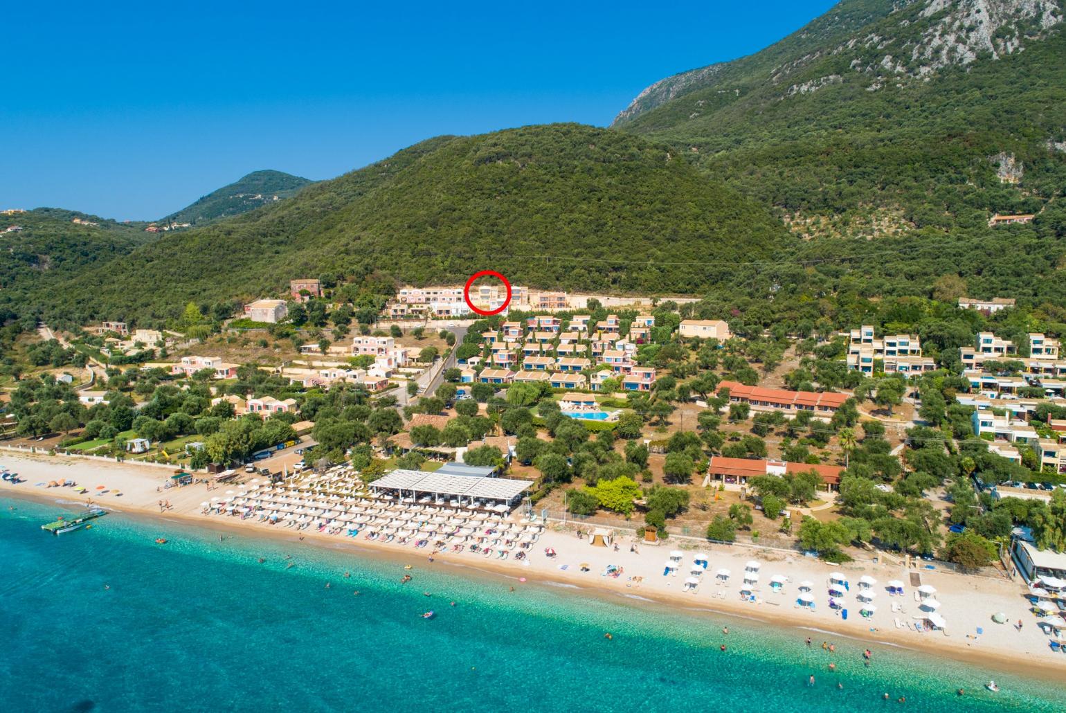 Aerial view of Barbati Beach showing location of Villa Aurora