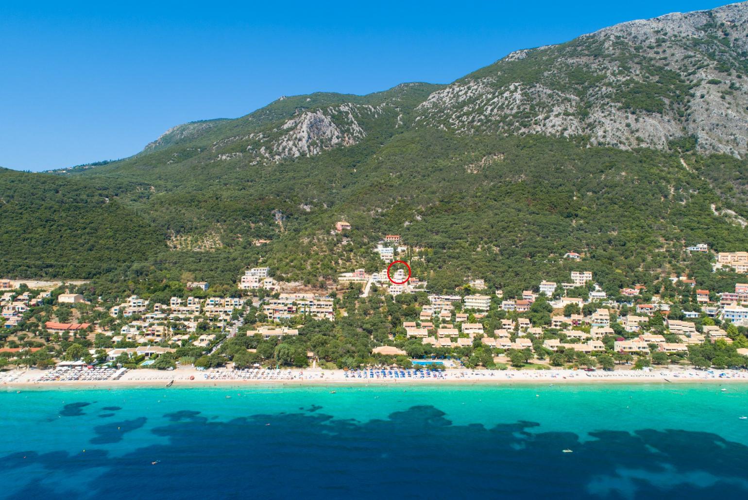 Aerial view of Barbati Beach showing location of Villa Situla