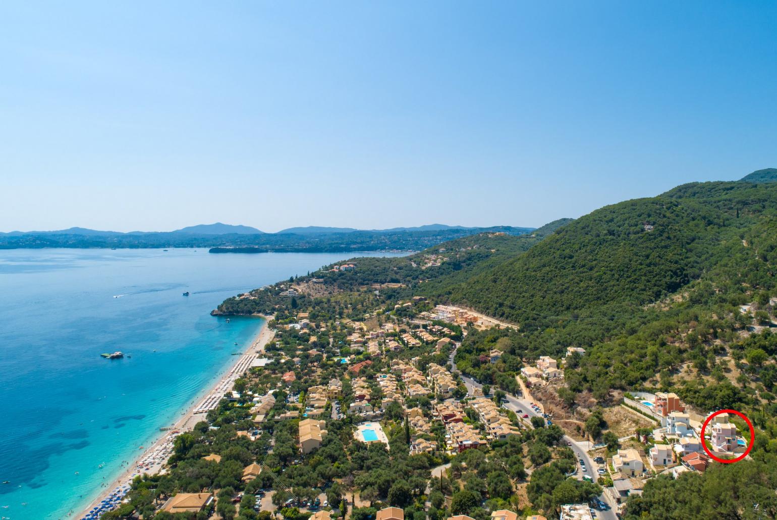 Aerial view of Barbati showing location of Villa Situla