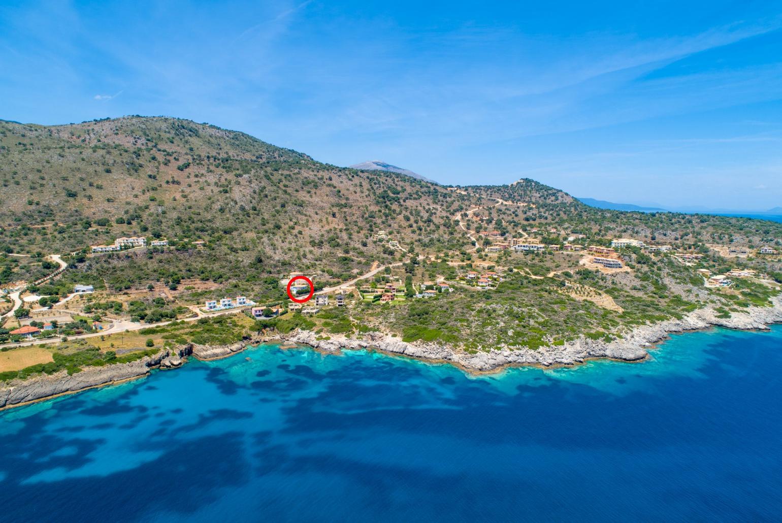Aerial view showing location of Skala Villa Blue