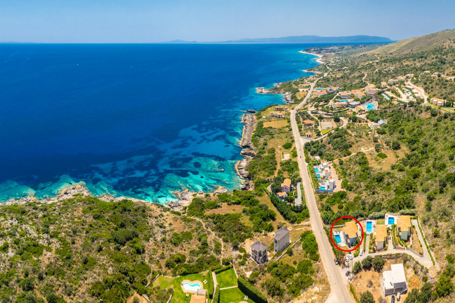 Aerial view showing location of villa