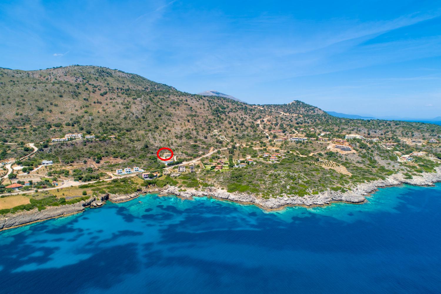 Aerial view showing location of Skala Villa Green