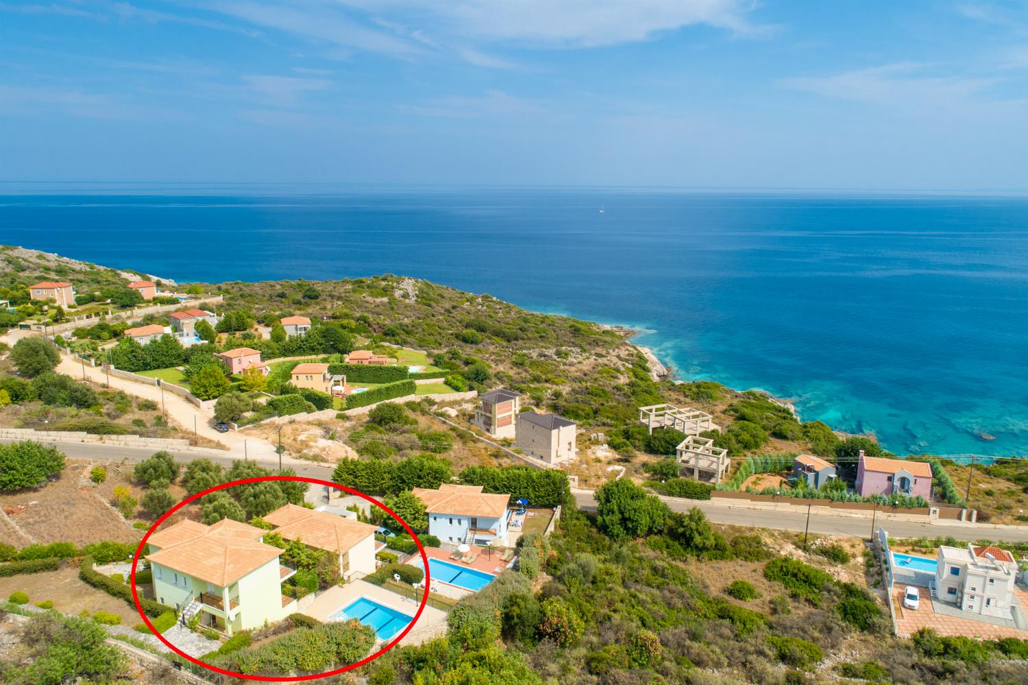 Aerial view showing location of Skala Villa Green