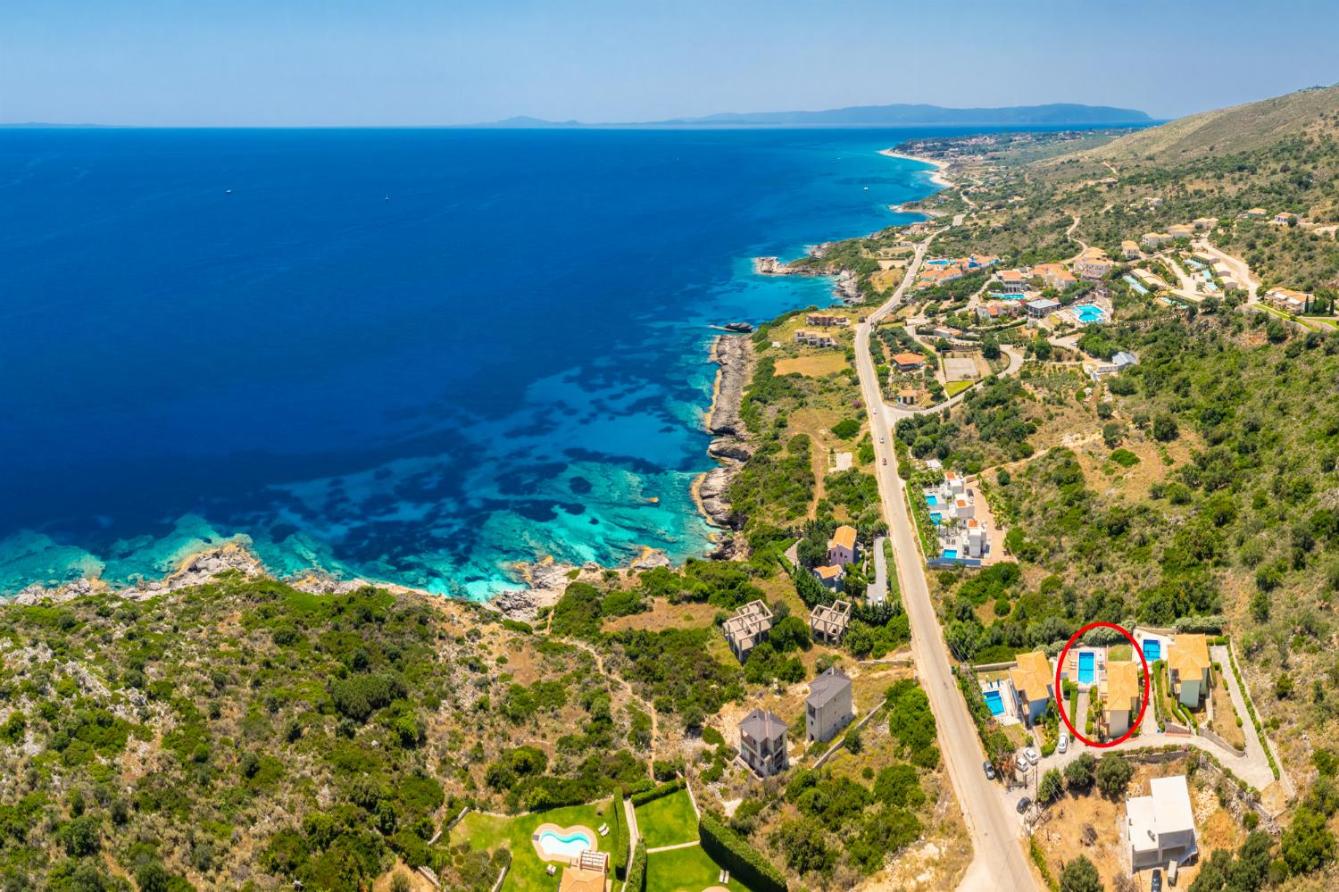 Aerial view showing location of villa
