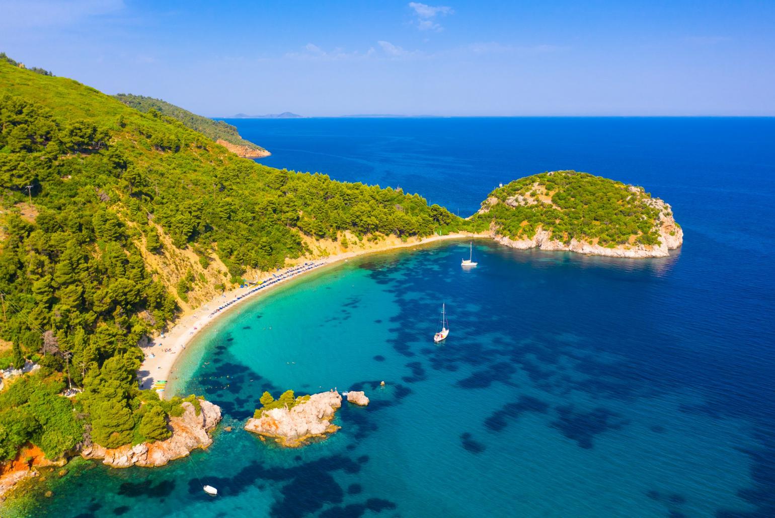 Aerial view of Stafilos Beach - only a 10 minute walk from Michaels Cottage