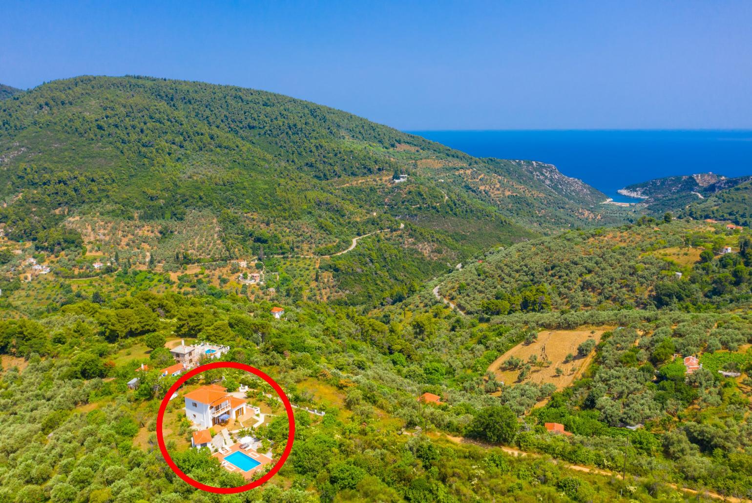 Aerial view towards Glysteri Beach showing location of Villa Glafki