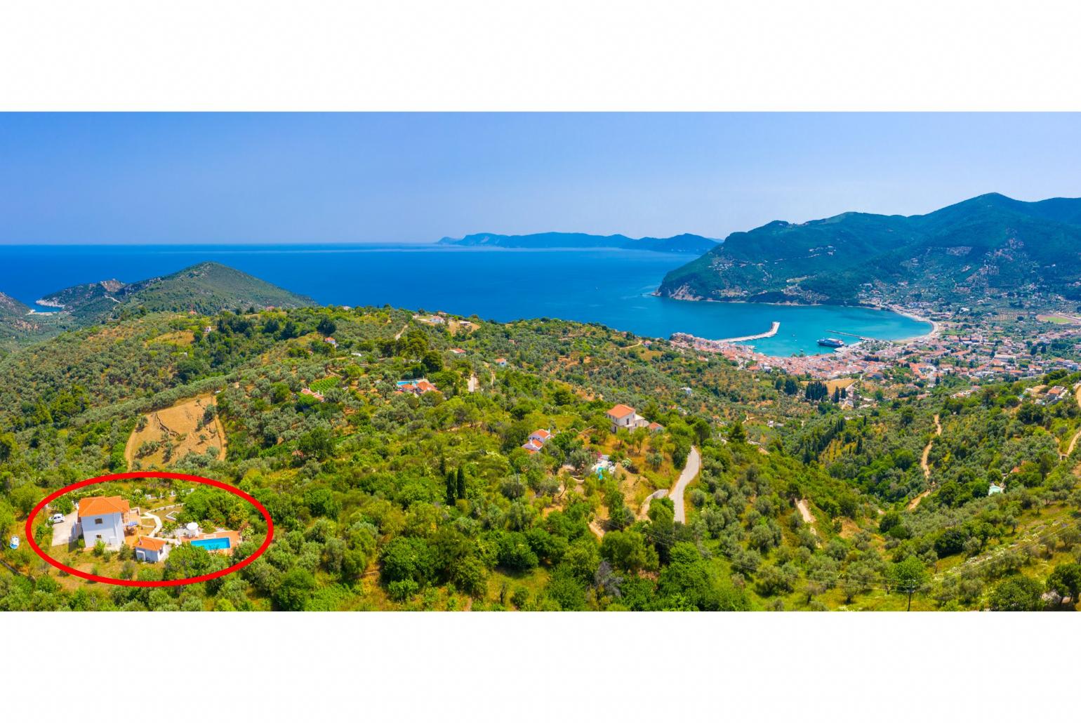 Aerial view towards Skopelos Town showing location of Villa Glafki