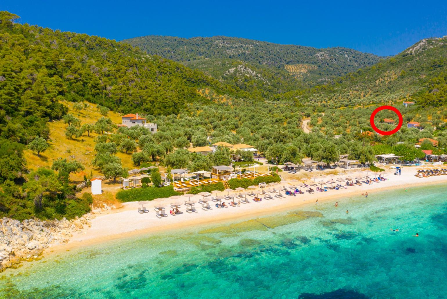 Aerial view of Leftos Gialos Beach showing location of Villa Tassoula