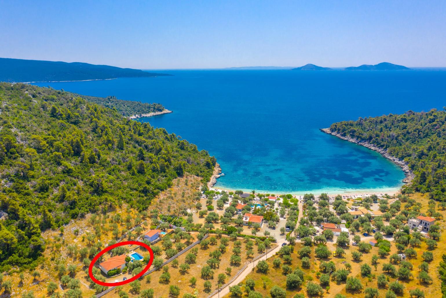 Aerial view of Leftos Gialos Beach showing location of Villa Tassoula