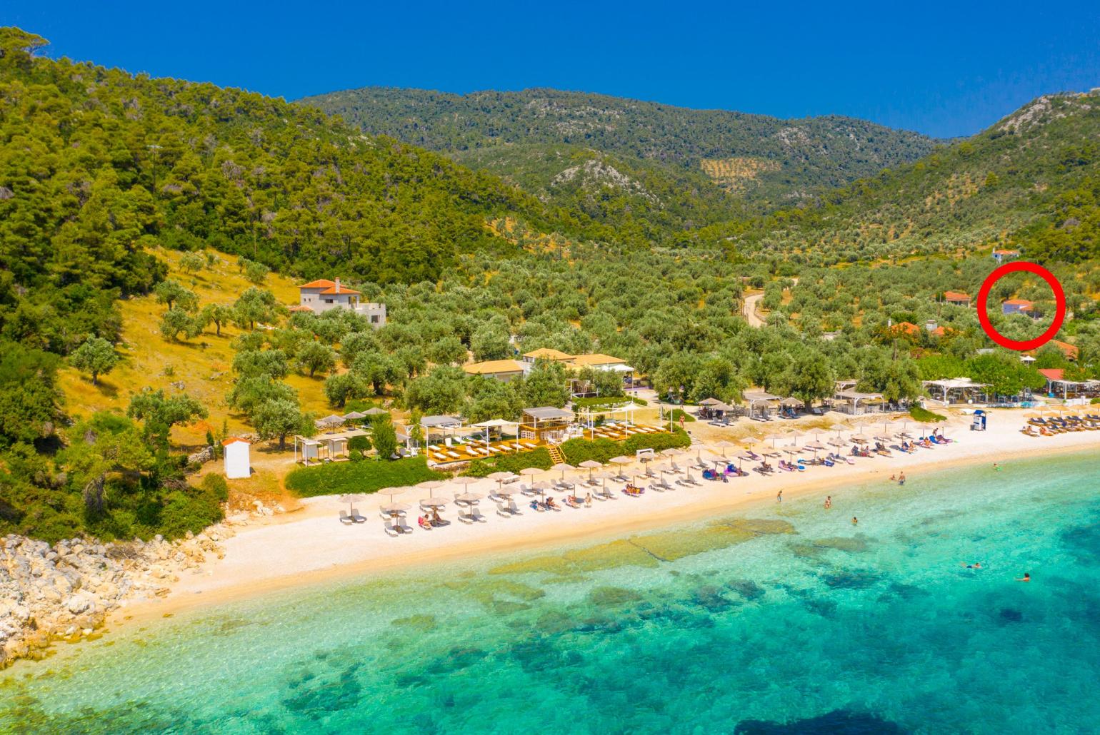 Aerial view of Leftos Gialos Beach showing location of Neptune 