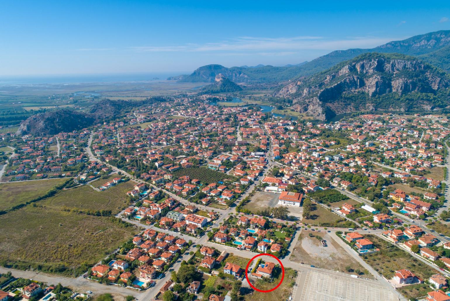 Aerial view of Dalyan showing location of Villa Nirvana