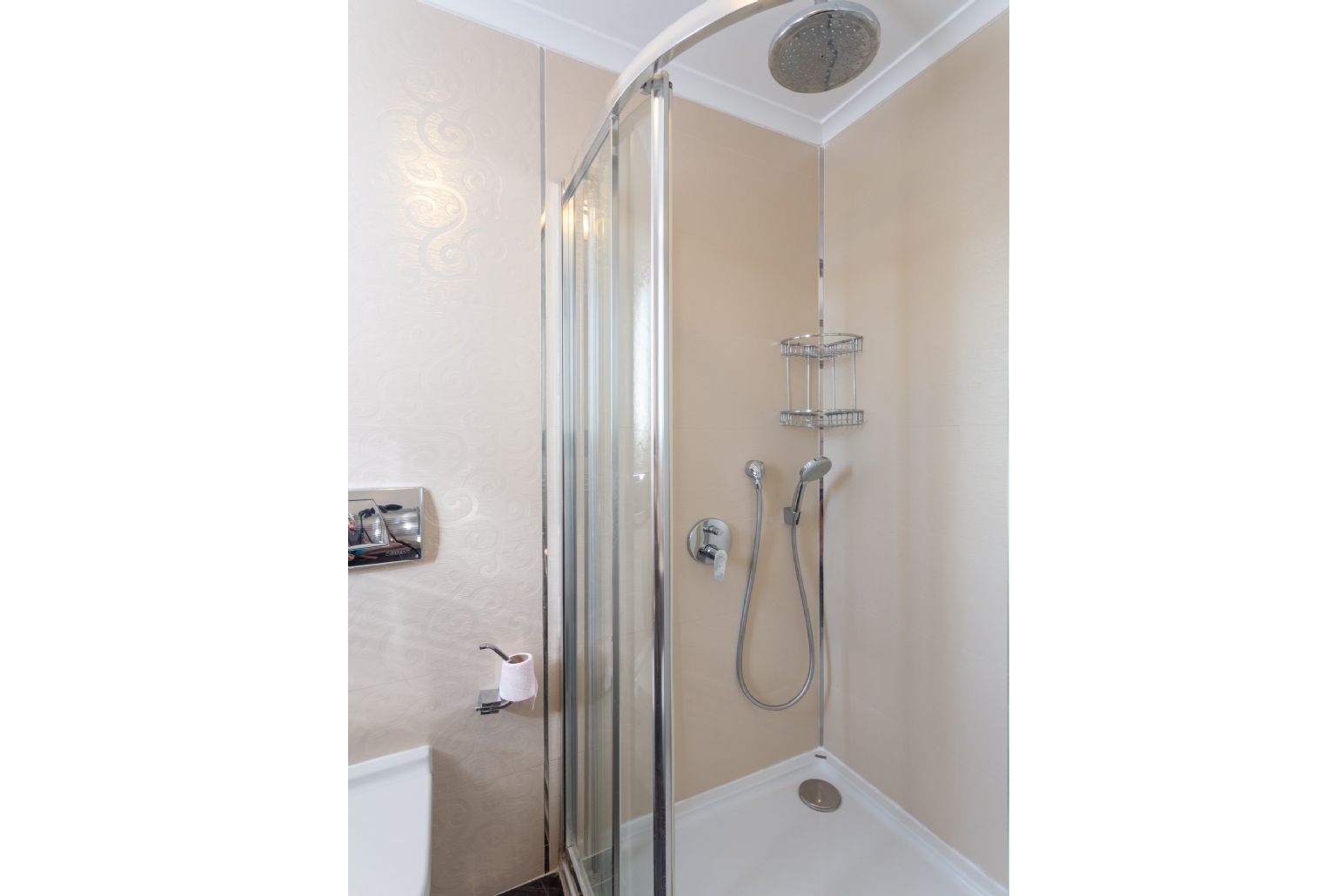 Family bathroom with overhead shower