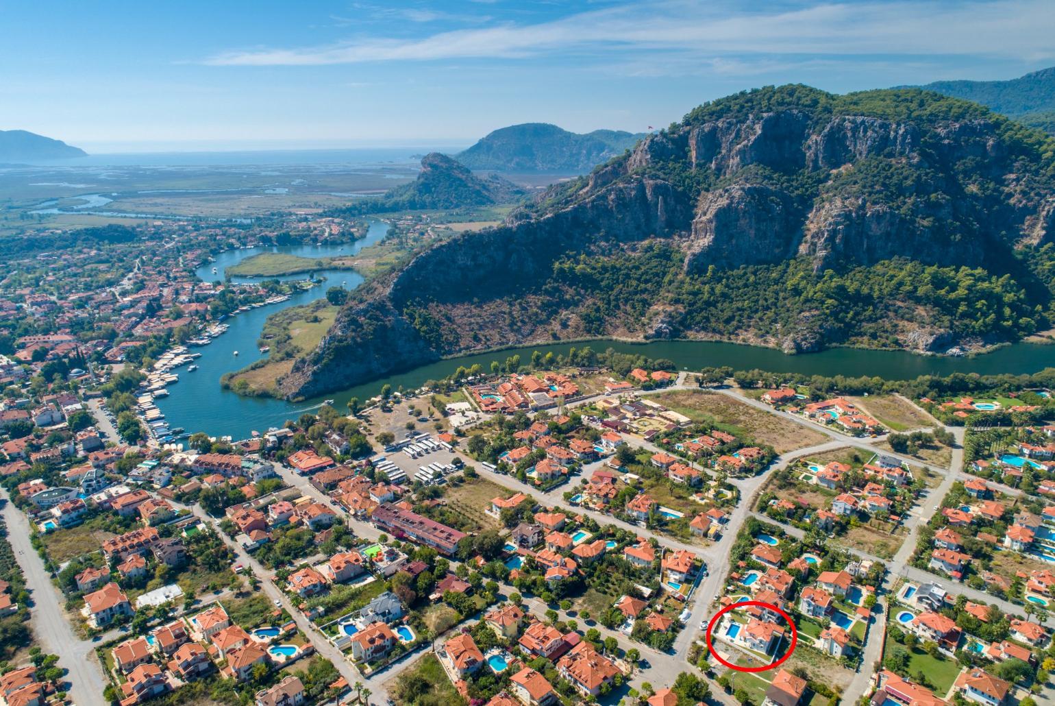 Aerial view of Dalyan showing location of Villa Mina