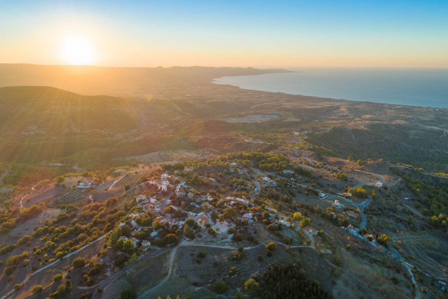 Aerial view of Kinousa at sunset