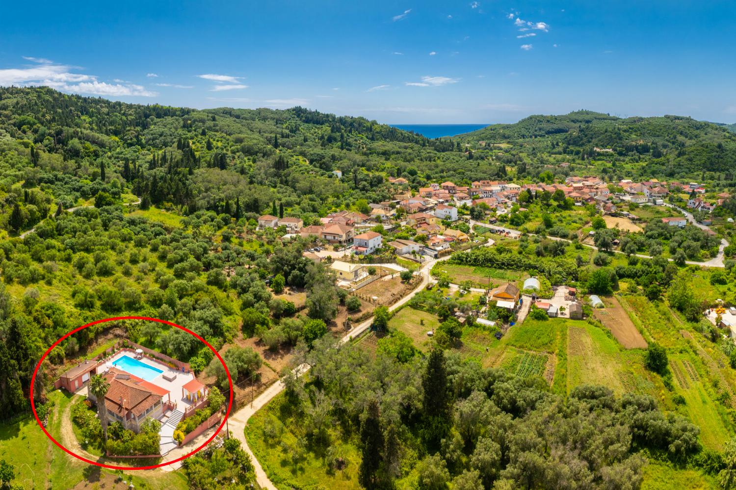 Aerial view showing location of villa