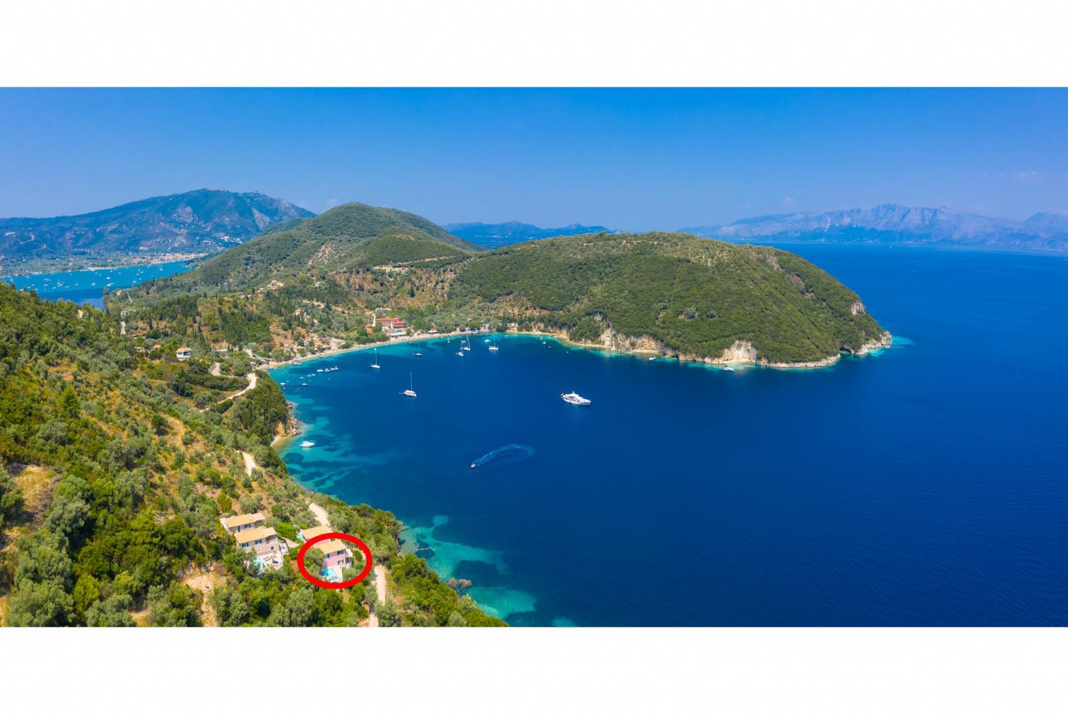 Aerial view showing location of Villa Thalassa