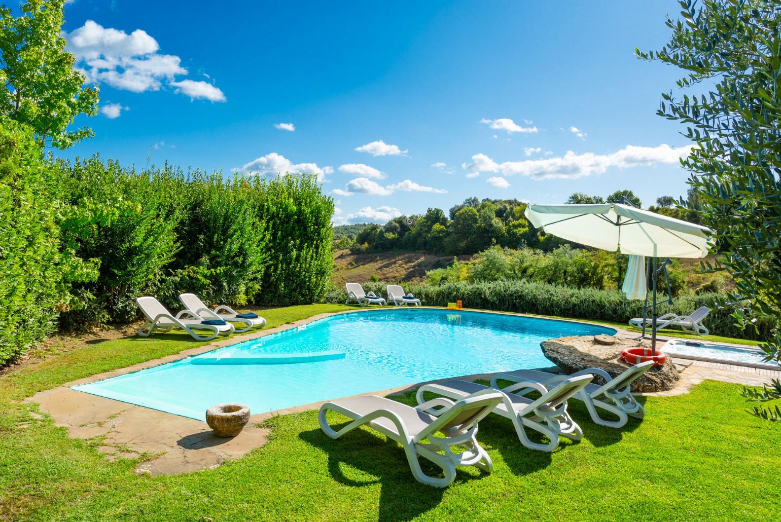 Private pool, jacuzzi, terrace, and garden