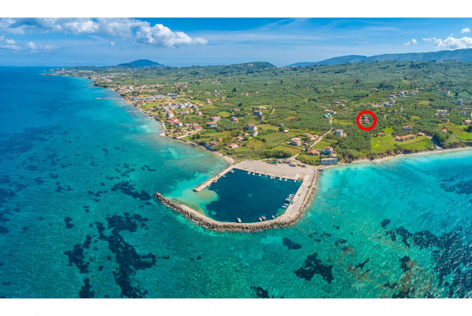 Aerial view showing location of Villa Diony