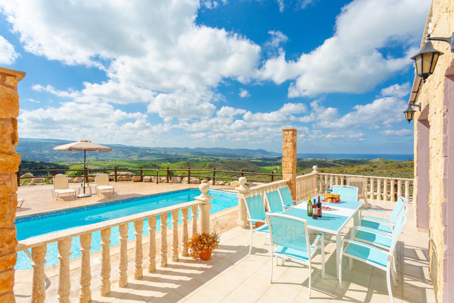 Private pool and terrace area with panoramic views of the sea and countryside