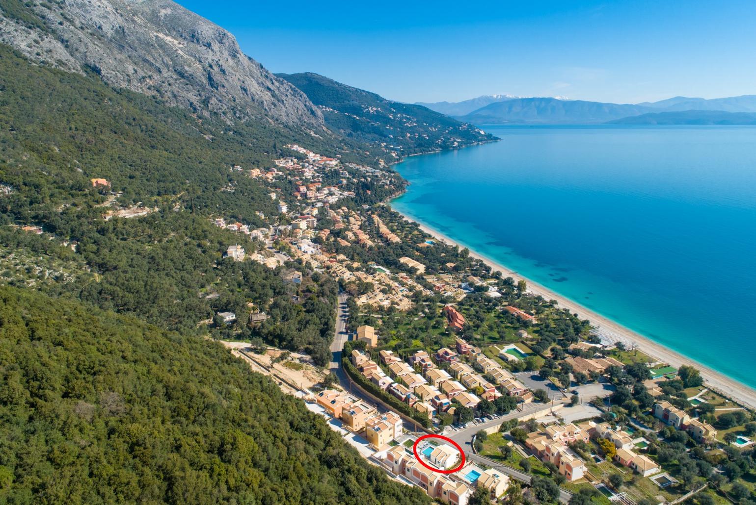 Aerial view showing location of Akti Barbati Villa Tria