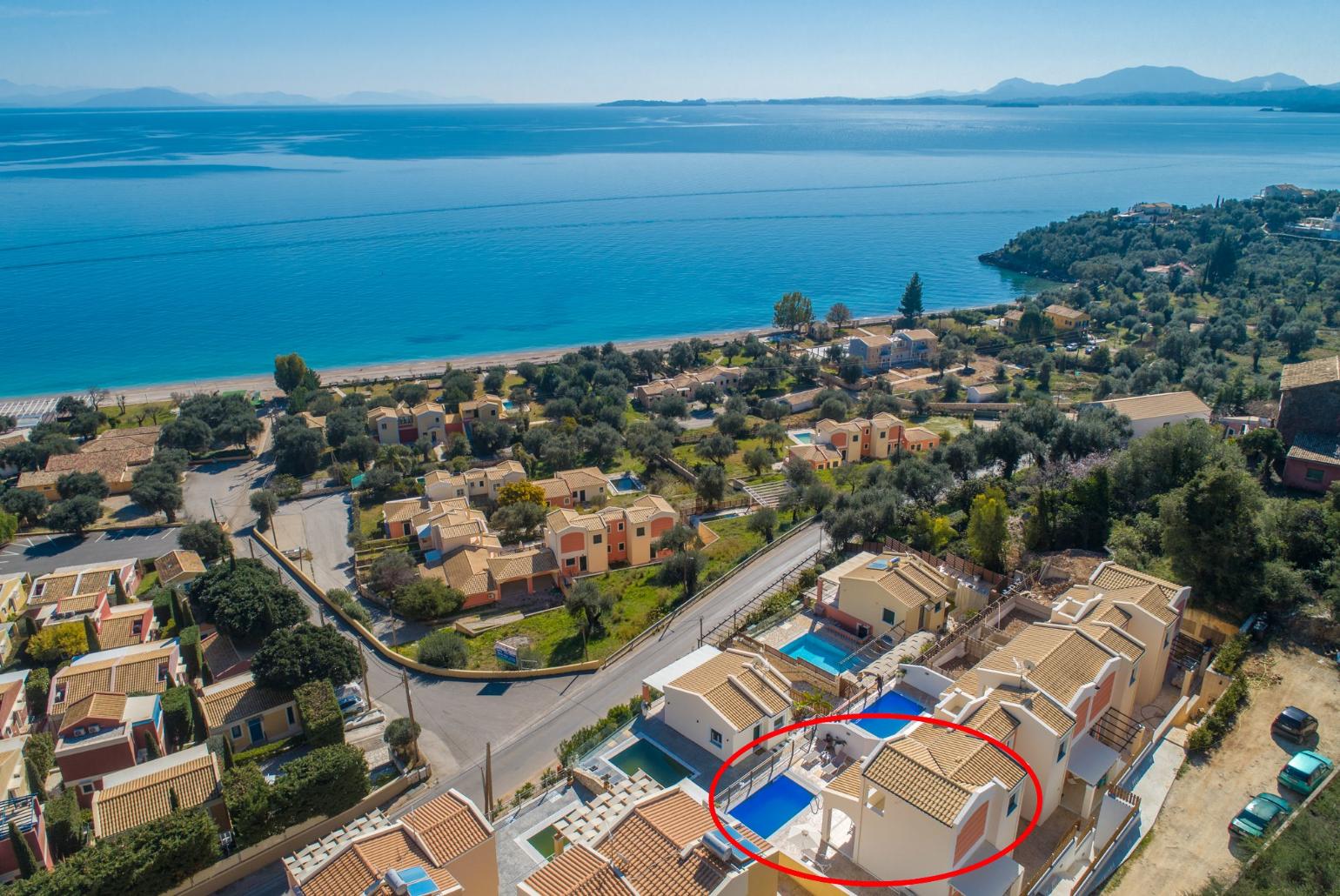 Aerial view showing location of Akti Barbati Villa Ena