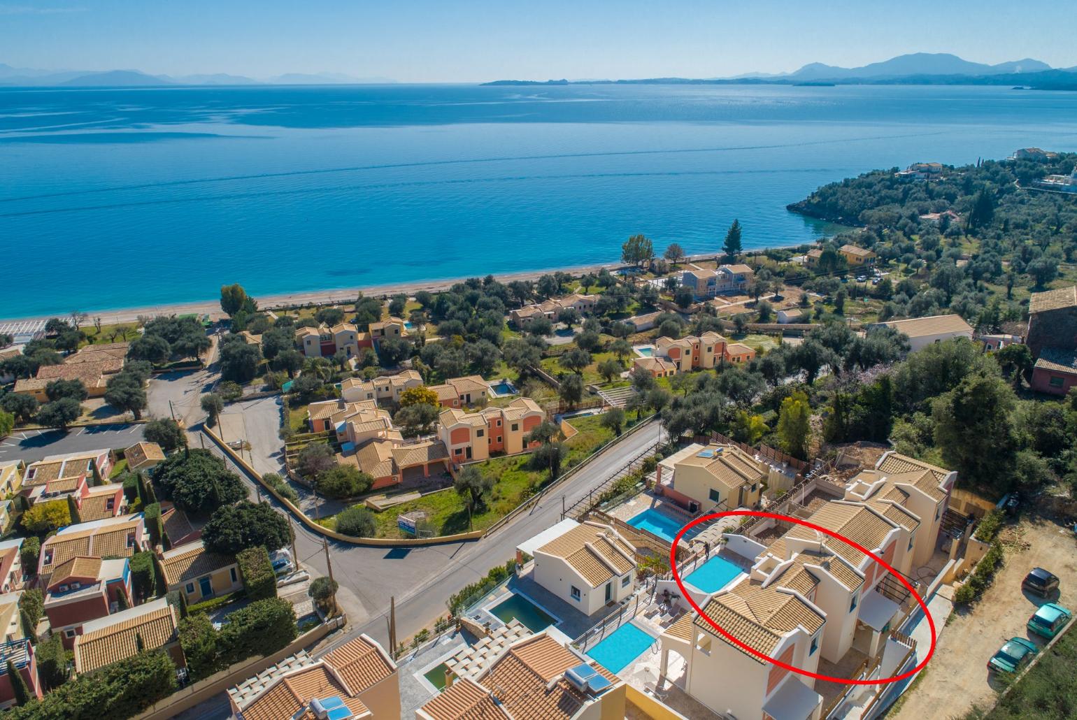 Aerial view showing location of Akti Barbati Villa Thio