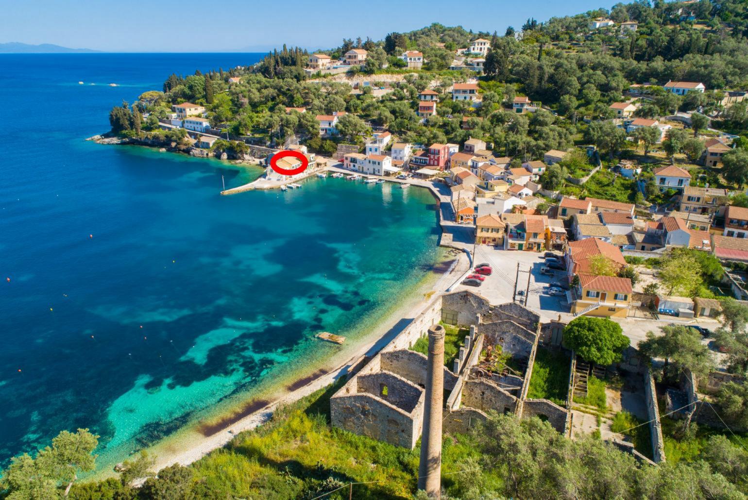 Aerial view of Loggos showing location of Spiros Jetty House