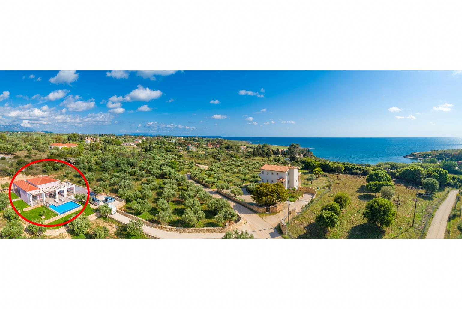 Aerial view showing location of Vatsa Beach Villa