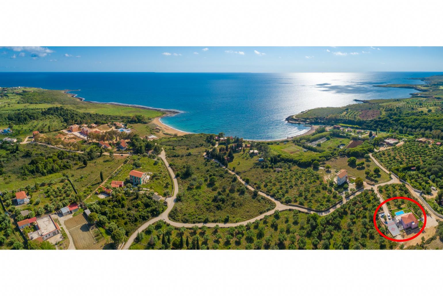 Aerial view showing location of Vatsa Beach Villa