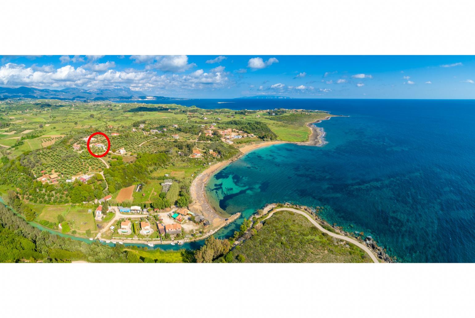 Aerial view showing location of Vatsa Beach Villa