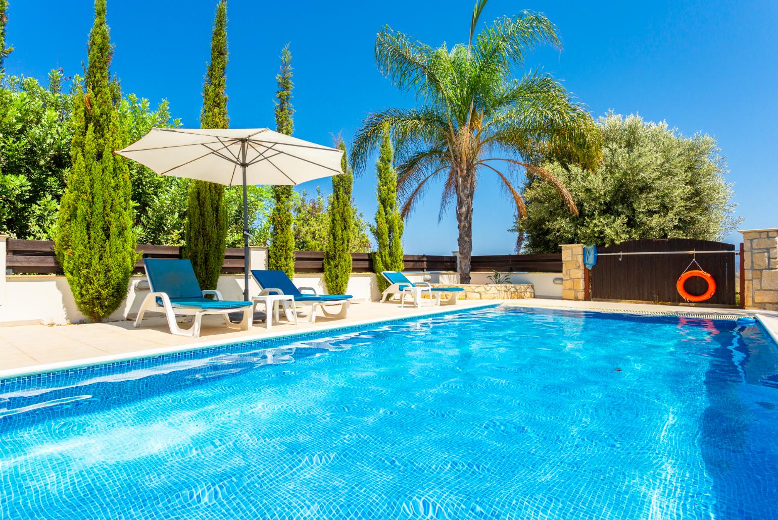 Private pool, terrace, and garden with sea views