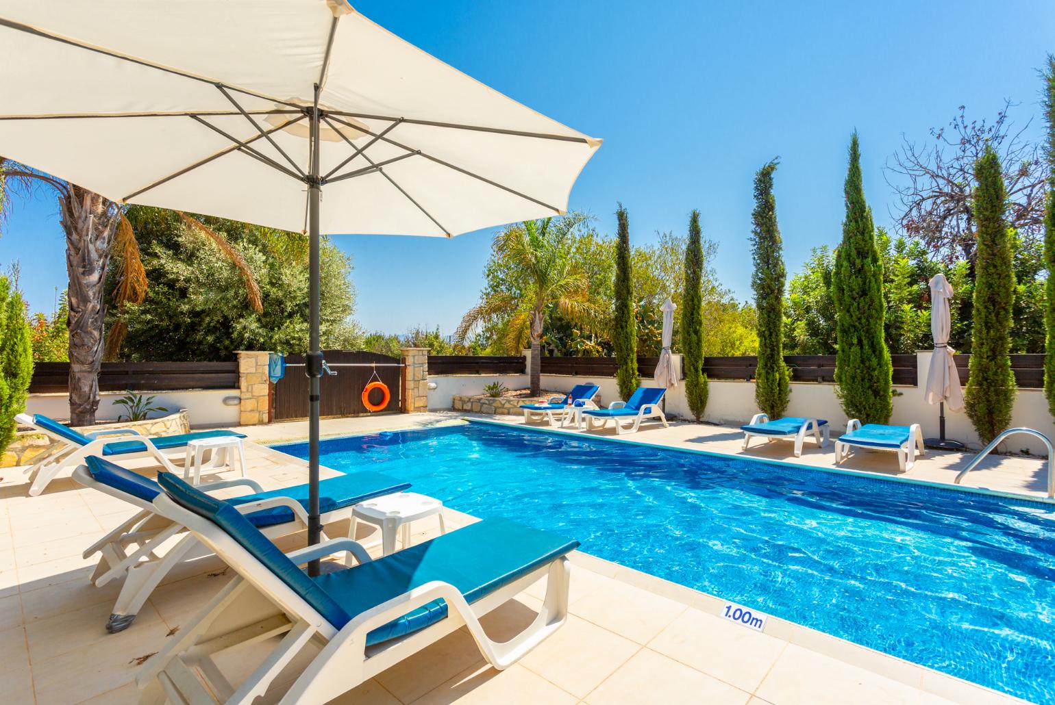 Private pool, terrace, and garden with sea views